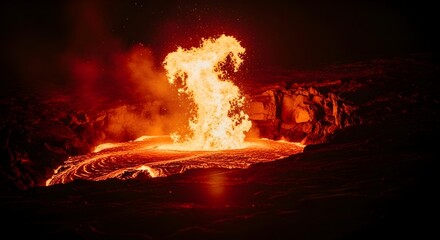 Fiery waterfall of molten lava erupting upwards with glowing orange tones inside a dark volcanic crater, showcasing raw geological power