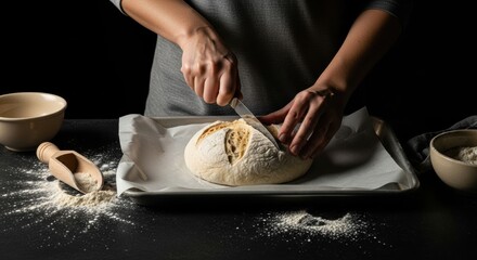 Female baker scoring artisan sourdough bread dough with a sharp knife. Homemade culinary process in a rustic kitchen. Traditional breadmaking craft for a small business or home bakery