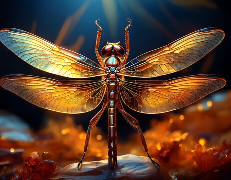 detailed fossilized insect with wings of a dragonfly in amber