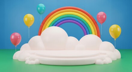Colorful rainbow and balloons in a whimsical cloud scene for children's celebration design