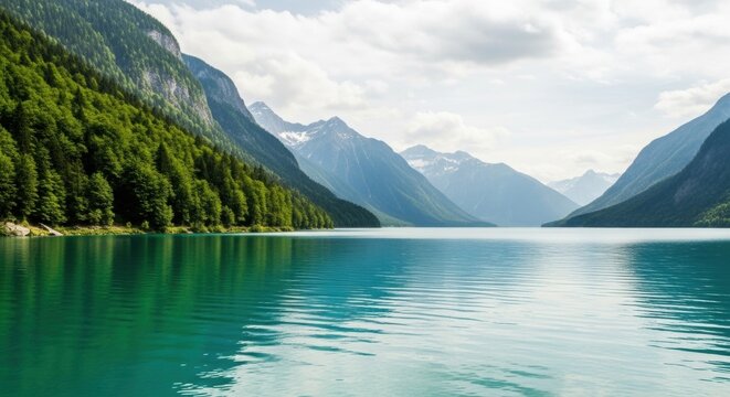 Serene alpine lake with clear turquoise water. Mountain landscape with lush evergreen forest. Snow capped peaks under a cloudy sky. Outdoor travel destination for eco tourism concepts - Powered by Adobe