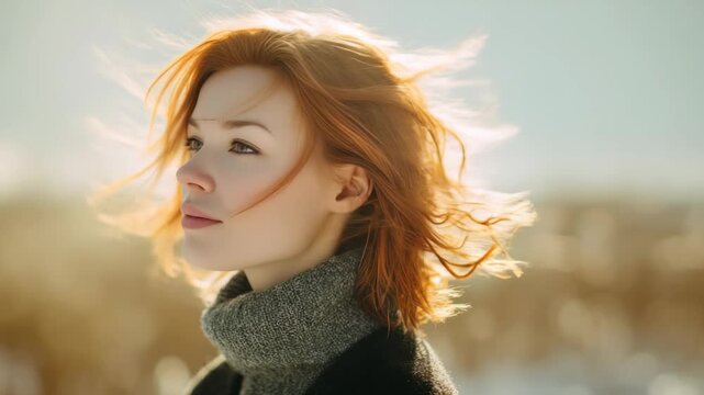 Portrait of a red haired woman outdoors in winter sunlight, wearing a warm turtleneck sweater. The wind tousles her hair as she looks away, creating a dreamy and peaceful atmosphere