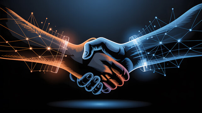 Digital handshake symbolizing connection and collaboration between two entities with glowing energy and data streams