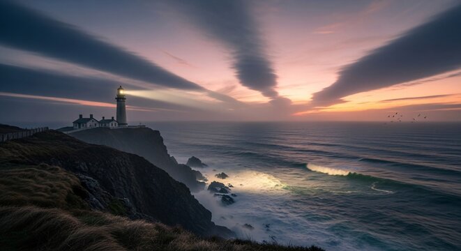 Coastal lighthouse at sunset guiding light across ocean waters - Powered by Adobe