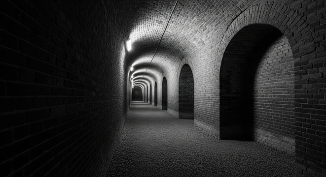 Underground brick corridor with arched vaults. Long hallway with dramatic perspective and lighting. Conceptual path representing a journey or future. Monochrome architectural detail - Powered by Adobe