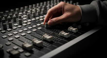 Sound engineer adjusting a professional mixing console. Hand controlling faders for music production. Recording studio equipment for broadcasting and mastering digital audio