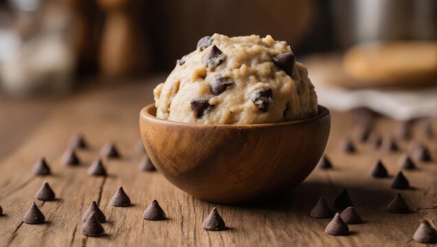 Delicious scoop of edible chocolate chip cookie dough in a rustic wooden bowl.