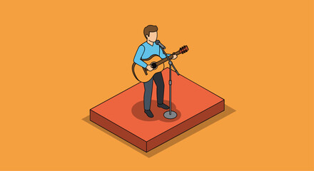 Charismatic musician performs acoustic set on stage, sharing passion and talent with audience in vibrant performance