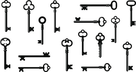Antique vintage keys collection, retro skeleton key silhouettes, classic lock and security icons, black elegant vector set, old-fashioned design elements, cad drawing flat vector illustration