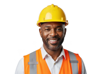 Smiling construction worker wearing a bright yellow hard hat and orange safety vest isolated on transparent background