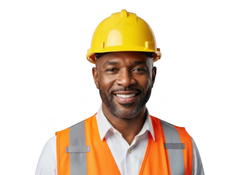 Smiling construction worker wearing a bright yellow hard hat and orange safety vest isolated on transparent background