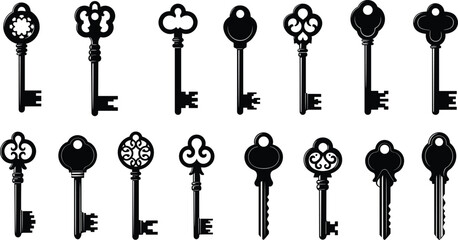 Vintage ornate keys collection, antique skeleton key silhouettes, retro lock icons, black and white vector art, classic design set, cad drawing flat vector illustration