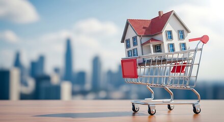 Miniature house inside a shopping cart against a blurred cityscape background background