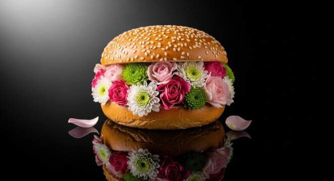 Creative burger with fresh flowers instead of meat. Healthy vegan lifestyle concept for vegetarian diet. Surreal food art for restaurant menu design. Elegant catering service idea