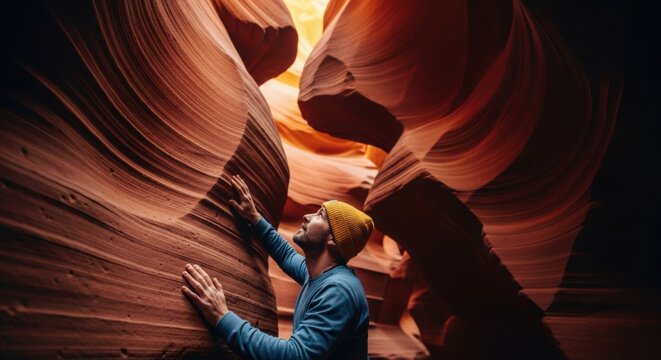 Caucasian male explorer touching the textured walls of a sandstone slot canyon. Adventure travel and tourism in a famous geological formation. A journey of personal discovery