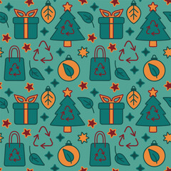 A seamless vector flat art pattern featuring eco-friendly Christmas icons such as gifts, trees, leaves, recycling symbols, ornaments, stars, and reusable bags.
