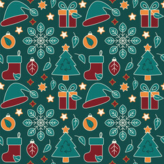 A festive seamless pattern in vector flat art style featuring eco-friendly Christmas elements such as gifts, hats, stockings, trees, snowflakes, ornaments, leaves, and recycling symbols.
