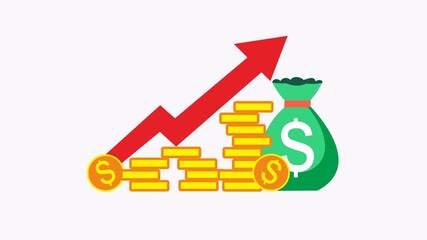 Red arrow signifies financial growth, coins into moneybag. Perfect for finance, investment, wealth management websites, articles, and presentations.