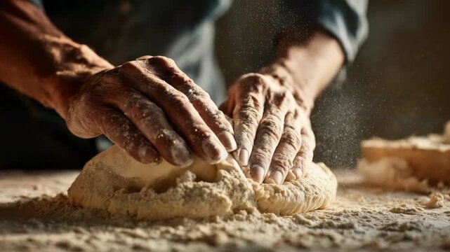 Experienced hands skillfully knead fresh dough, creating a sense of craftsmanship and authenticity. The scene captures the essence of homemade baking and culinary artistry in a cozy setting