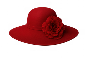 Red ornate fashion hat with large flower decoration, elegant vintage style women's accessory on transparent background