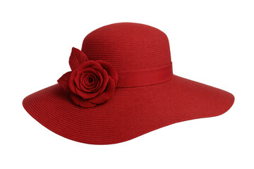 Red straw sun hat with large brim and decorative rose, stylish women's summer fashion accessory isolated on transparent background