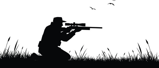 Silhouette of hunter aiming with rifle in grass field, wildlife hunting scene, man shooting birds, outdoor adventure, nature background © It's Sumi Here