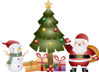 Illustration of Cute Snowman and Christmas Watercolor Hand Drawn Style