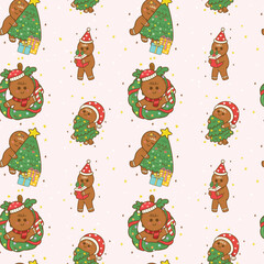 Festive christmas wreath and cute gingerbread Coquette seamless pattern hand drawn repeat wallpaper background,wrapping paper