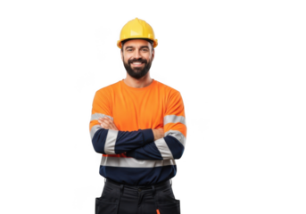 A smiling construction worker wearing a yellow hard hat and orange safety vest with reflective stripes and dark pants isolated on transparent background