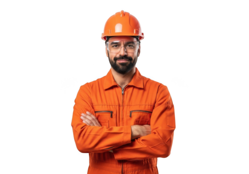 A skilled construction worker wearing an orange hard hat and uniform stands confidently with arms crossed isolated on transparent background