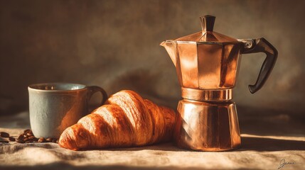 Morning coffee ritual with espresso moka pot and croissant cozy italian kitchen vintage scene warm light inviting atmosphere