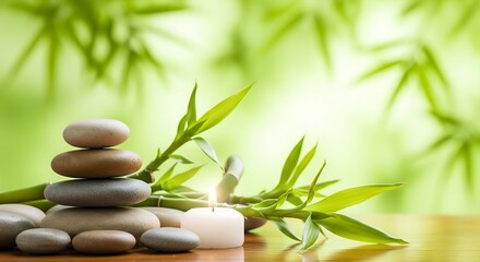 Zen stones stacked with bamboo and a lit candle, evoking tranquility and peace background