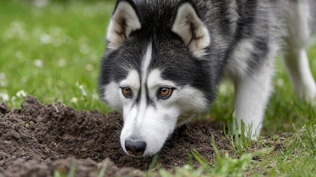 Siberian Husky with striking blue eyes digging a hole in a grassy garden, showcasing the breed's playful and energetic nature in a close-up outdoor scene