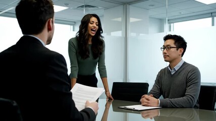 Diverse business professionals in a modern office meeting, discussing documents and collaborating - Powered by Adobe