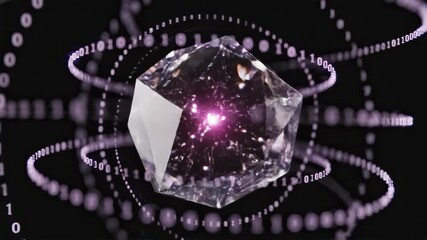 Rotating Crystal Enclosed in Binary Code Strings, Tech Concept - Powered by Adobe