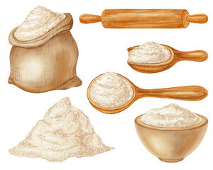 Watercolor Illustration set: flour in sack, spoon, and bowl, plus mill, wheat ears, and rolling pin, grain, wheat.  Perfect for bakery branding, menu, food packaging, cookbooks, recipes
