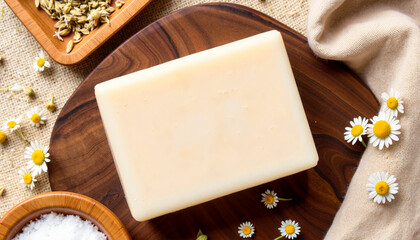 White handmade soap bar on dark wood tray with chamomile flowers, representing cosmetic mockup.