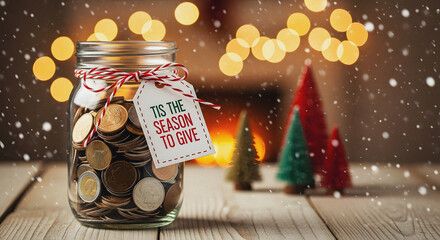 'Tis the Season to Give' Charitable Donation Jar Filled with Coins Against a Cozy Christmas Background Holiday Fundraising and Savings Concept: Festive Table Setting with Bokeh Lights and Small Christ