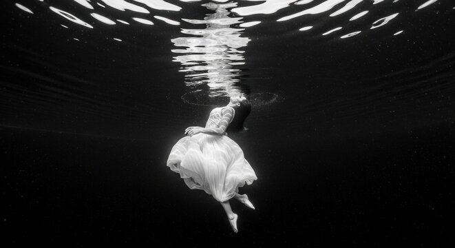 Adult female in a flowing white dress submerged in water. Conceptual metaphor for surrender and release. Surreal artistic vision in monochrome. Weightless body floating towards the surface - Powered by Adobe