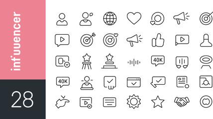 influencer, icons, social, media, engagement, communication, video, heart, thumbs, chart, comment, bubble, notification, user, laptop, target, star, minimal, black, white
