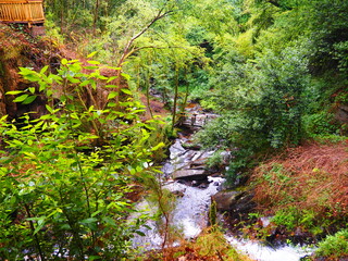 el r&iacute;o de Las G&aacute;ndaras de Mezonzo cayendo cascada abajo, bonito mirador de madera a la izquierda, de frente un antiguo puente desde donde se puede contemplar la cascada, La Coru&ntilde;a, Galicia, Espa&ntilde;a
