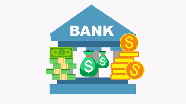 Bank building with cash bags and dollar coins, perfect for financial, banking, savings, investment, or wealth related concepts in designs.
