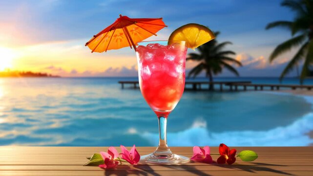 Red cocktail with ice, lemon slice and cocktail umbrella sits on wooden table against a tropical beach sunset background