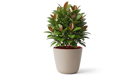 Fototapeta premium A healthy green potted plant with dark red leaves on a light beige pot, isolated on white background mockup background