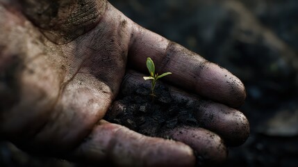 Obraz premium Farmers Hand with Seedling in Soil During Challenging Weather Conditions