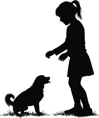 Silhouette of little girl training dog, child and pet friendship, obedience, love, care, loyalty, outdoor play, companionship, trust, bond