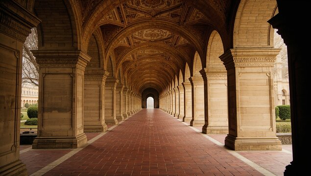 Corridor Arched Columns Tiled Stone Ceiling Elegant Grand Warm Soft Perspective Architecture Interior Design Passageway Hallway Generative AI