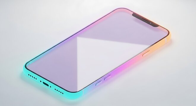 A sleek, modern smartphone with a translucent screen displaying a geometric reflection, illuminated by neon light mockup background