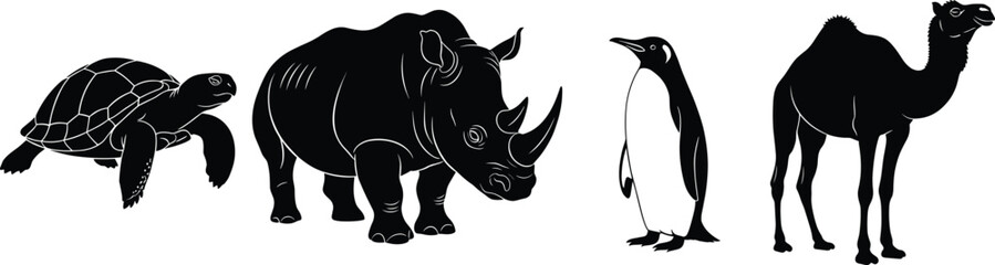 Naklejka premium Turtle, rhinoceros, penguin, camel silhouette, black and white animal illustration, wildlife graphic, desert creature art, reptile bird mammal sketch