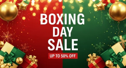 Boxing day sale promotion with festive gold and red holiday background